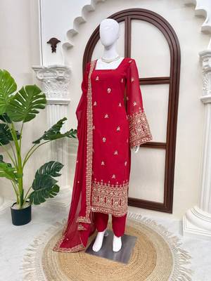 Ruby red embroidered faux georgette straight suit set 2