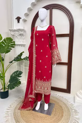 Ruby red embroidered faux georgette straight suit set