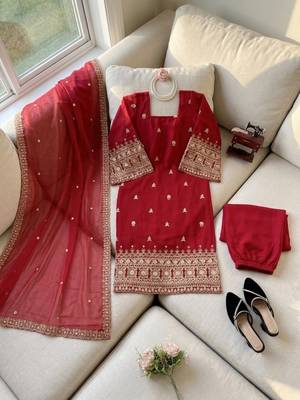 Ruby red embroidered faux georgette straight suit set 3