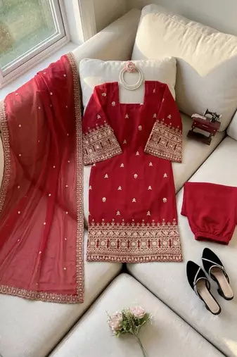 Ruby red embroidered faux georgette straight suit set