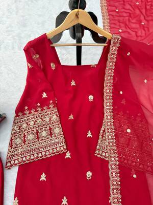 Ruby red embroidered faux georgette straight suit set 4
