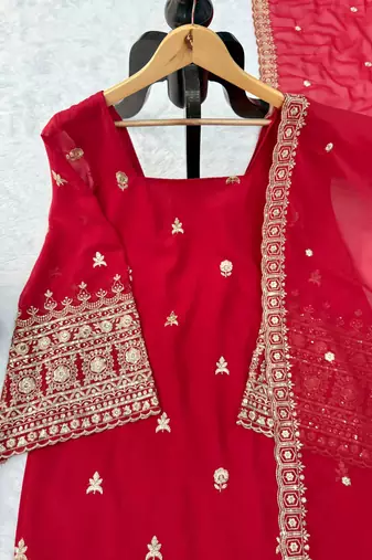 Ruby red embroidered faux georgette straight suit set