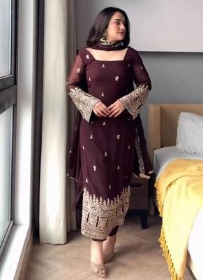 Wine embroidered faux georgette straight suit set 1