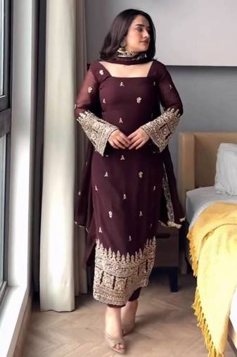 Wine embroidered faux georgette straight suit set