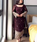 Wine embroidered faux georgette straight suit set
