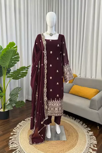 Wine embroidered faux georgette straight suit set