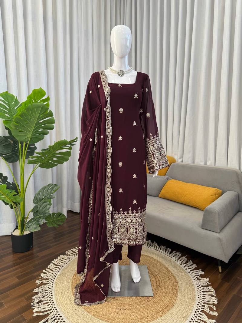 Wine embroidered faux georgette straight suit set