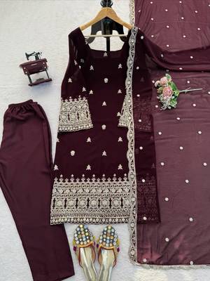 Wine embroidered faux georgette straight suit set 3