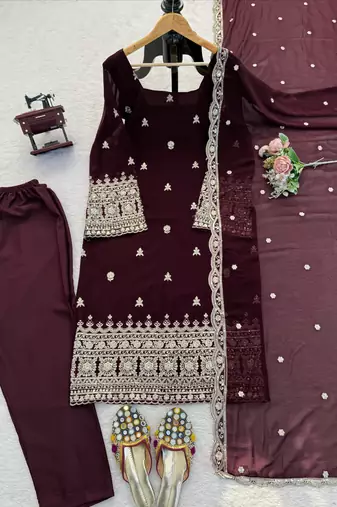 Wine embroidered faux georgette straight suit set