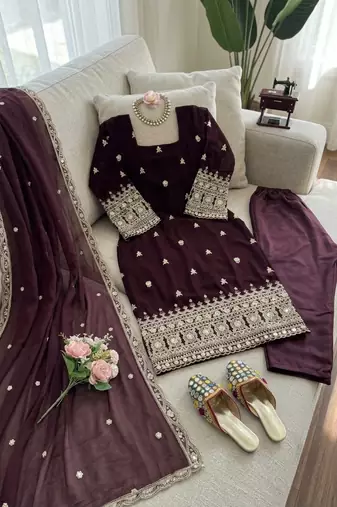 Wine embroidered faux georgette straight suit set