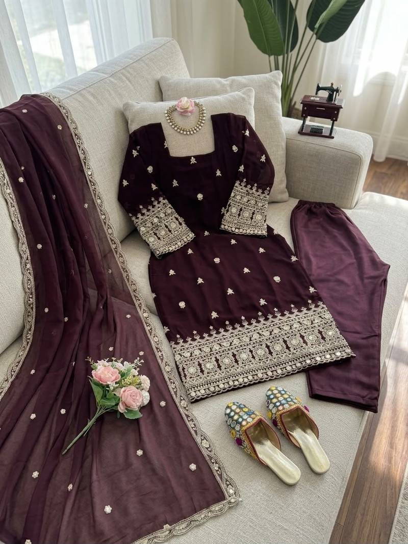 Wine embroidered faux georgette straight suit set