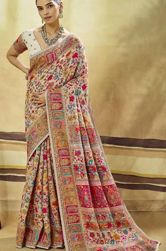 White hand woven  munga cotton blend saree with blouse