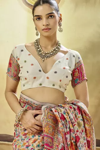 White hand woven  munga cotton blend saree with blouse
