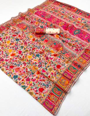 White hand woven  munga cotton blend saree with blouse 5
