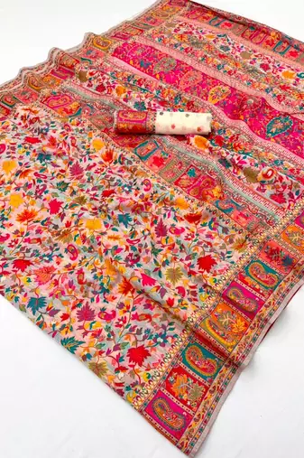 White hand woven  munga cotton blend saree with blouse
