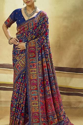 Blue hand woven  munga cotton blend saree with blouse