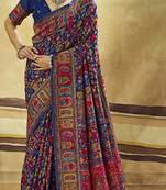 Blue hand woven  munga cotton blend saree with blouse