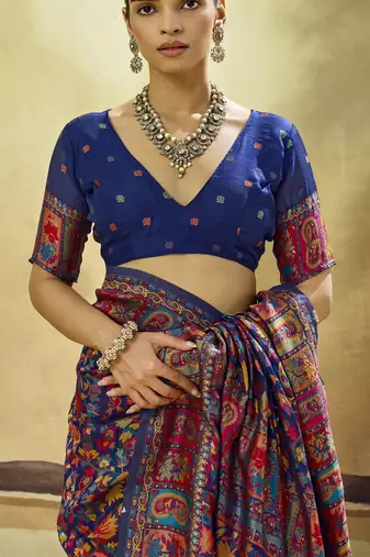 Blue hand woven  munga cotton blend saree with blouse