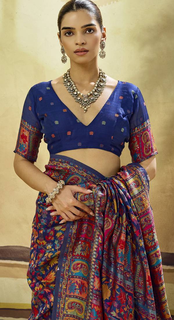 Blue hand woven  munga cotton blend saree with blouse