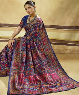 Blue hand woven  munga cotton blend saree with blouse 3