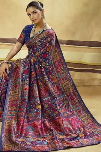 Blue hand woven  munga cotton blend saree with blouse