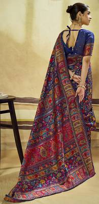 Blue hand woven  munga cotton blend saree with blouse 4