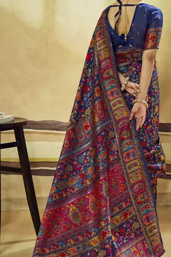Blue hand woven  munga cotton blend saree with blouse
