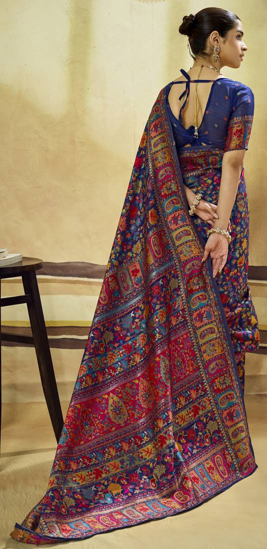 Blue hand woven  munga cotton blend saree with blouse