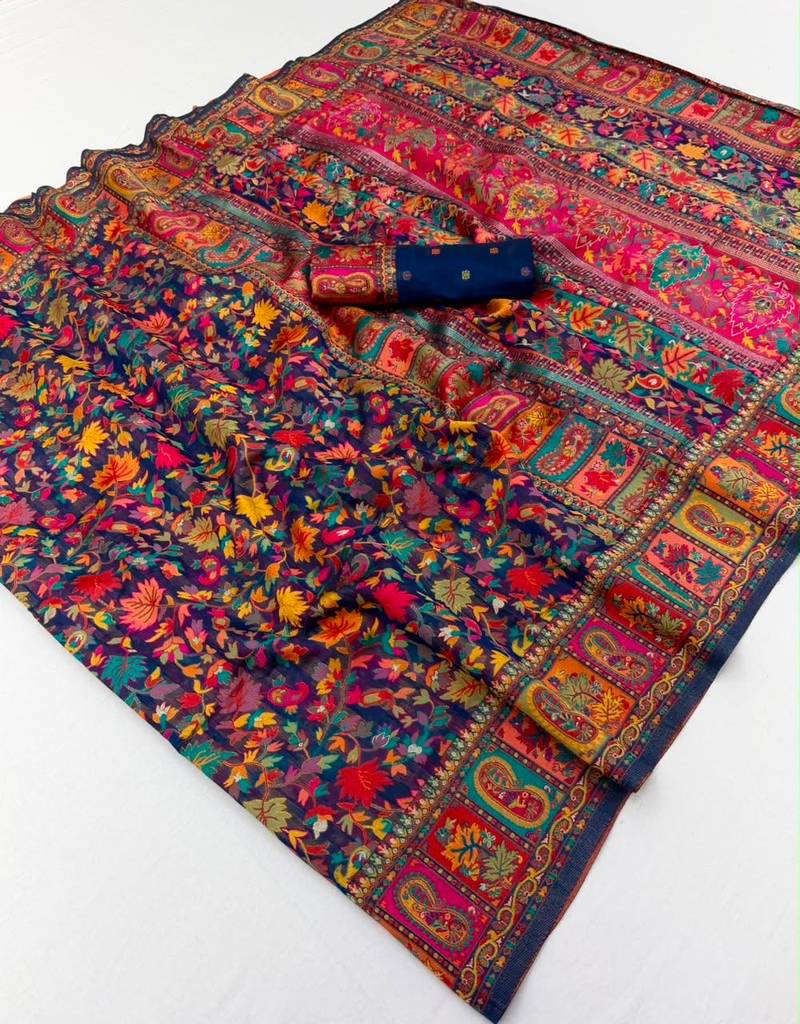 Blue hand woven  munga cotton blend saree with blouse