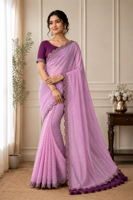 Onion Pink Color Embroidery lace border Tissue Net Saree 1