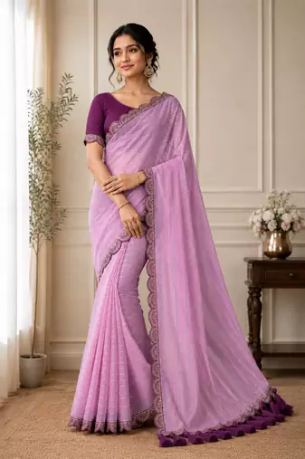 Onion Pink Color Embroidery lace border Tissue Net Saree