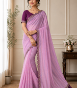 Onion Pink Color Embroidery lace border Tissue Net Saree