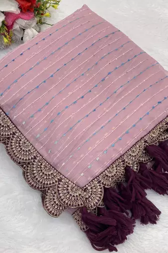 Onion Pink Color Embroidery lace border Tissue Net Saree