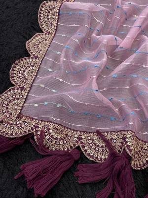 Onion Pink Color Embroidery lace border Tissue Net Saree 3