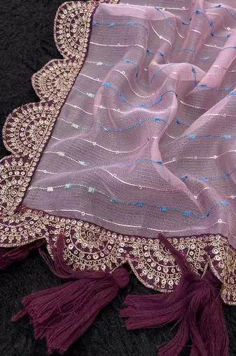 Onion Pink Color Embroidery lace border Tissue Net Saree
