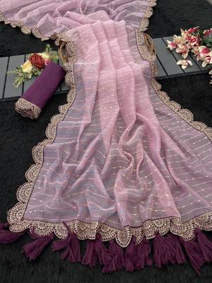 Onion Pink Color Embroidery lace border Tissue Net Saree 4