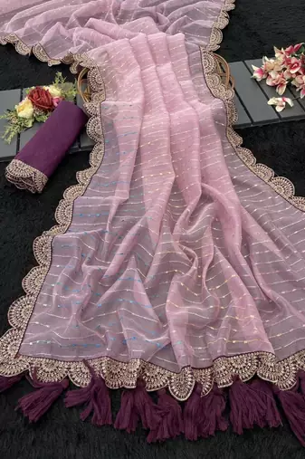 Onion Pink Color Embroidery lace border Tissue Net Saree