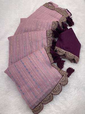 Onion Pink Color Embroidery lace border Tissue Net Saree 5
