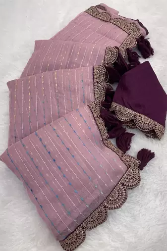 Onion Pink Color Embroidery lace border Tissue Net Saree