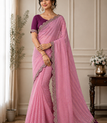 Pink Color Embroidery lace border Tissue Net Saree