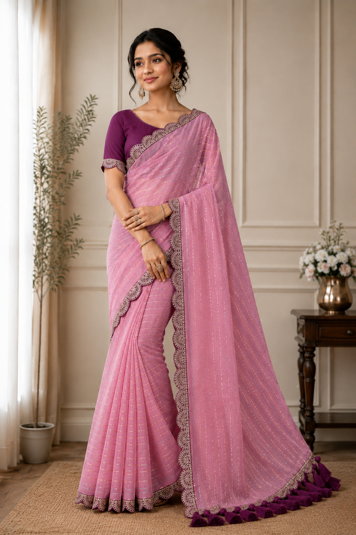 Pink Color Embroidery lace border Tissue Net Saree