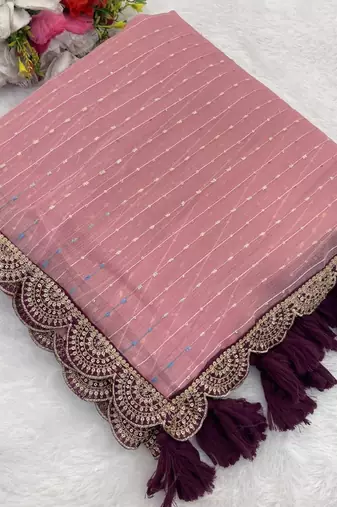 Pink Color Embroidery lace border Tissue Net Saree