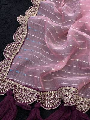 Pink Color Embroidery lace border Tissue Net Saree 3