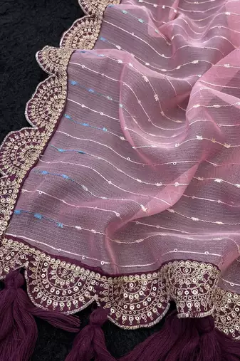 Pink Color Embroidery lace border Tissue Net Saree