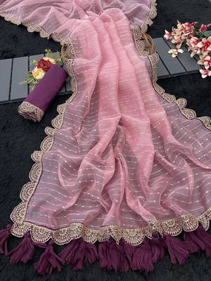 Pink Color Embroidery lace border Tissue Net Saree 4