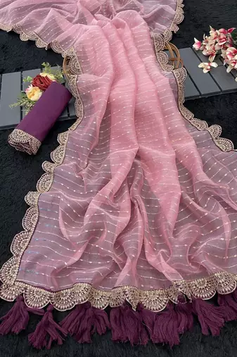 Pink Color Embroidery lace border Tissue Net Saree