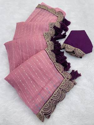 Pink Color Embroidery lace border Tissue Net Saree 5