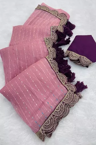Pink Color Embroidery lace border Tissue Net Saree