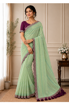 Sea Green Color Embroidery lace border Tissue Net Saree 1