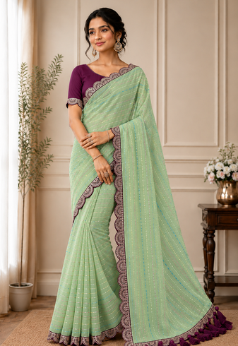 Sea Green Color Embroidery lace border Tissue Net Saree